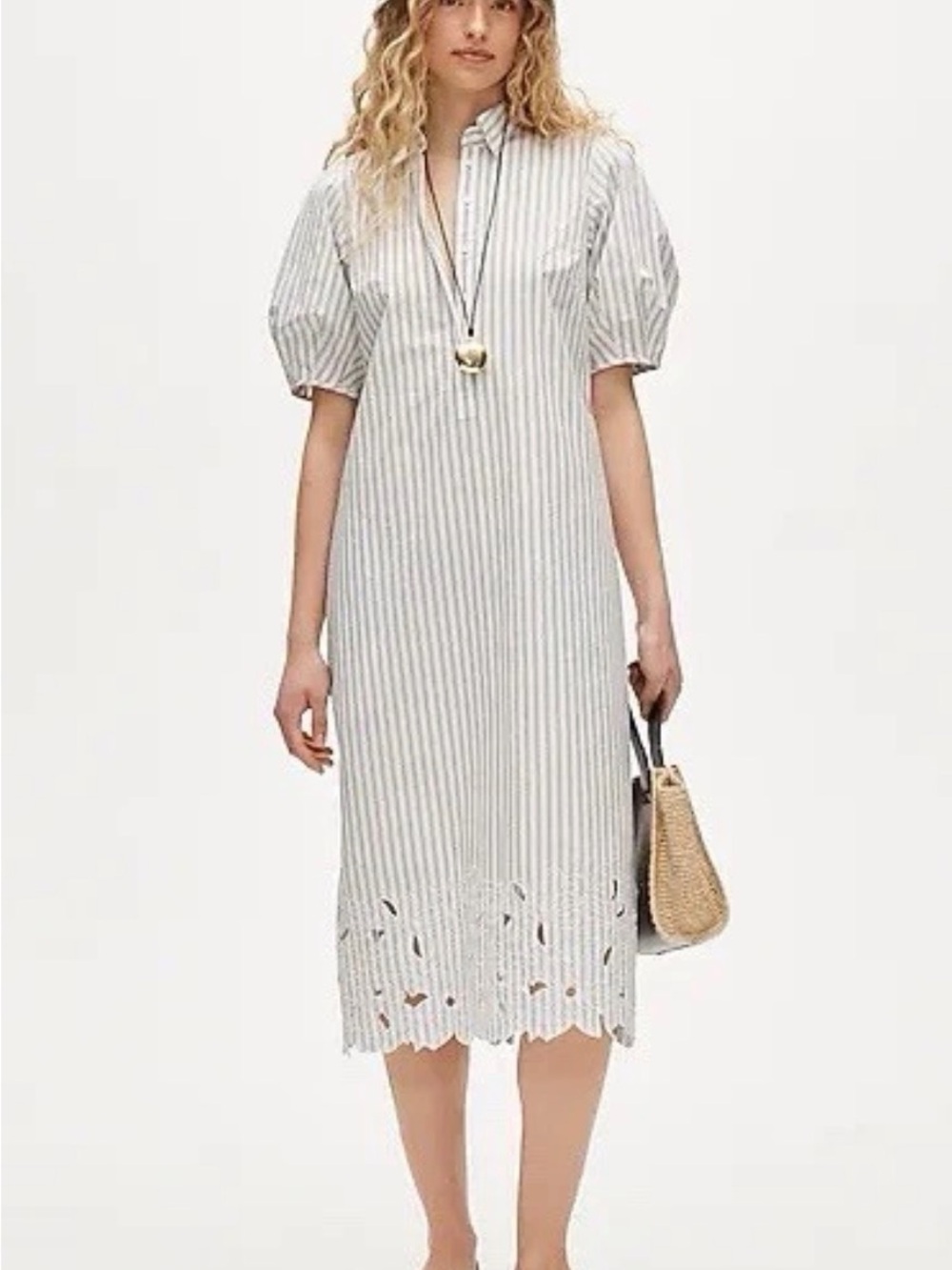 J.CREW Embroidered Shirt Dress Striped Poplin Puff Sleeve Pockets Ivory Blue 4